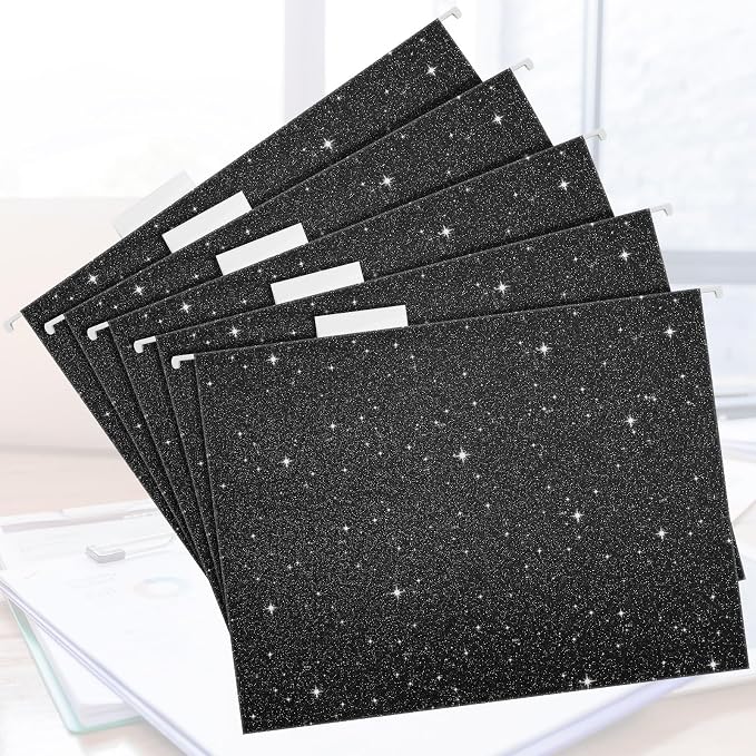 25 Pcs Black Hanging File Folders 12 x 9.25'' Glitter Hanging Folders with 25 Paper 1/5 Cut Adjustable Tab and 25 Plastic Tab for Medical Charts Office Desktop