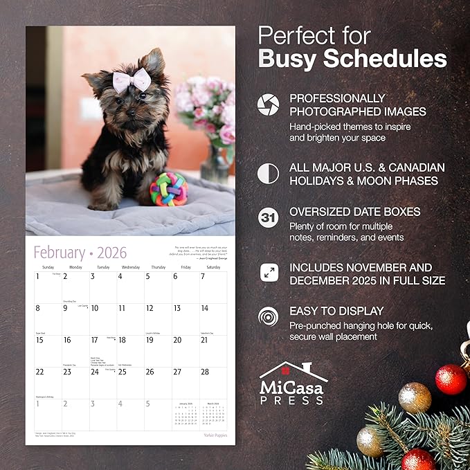 MICASA PRESS Yorkie Puppies Yorkshire Terriers 2026 Wall Calendar 12 Month | 12" x 24" Open | Thick & Sturdy Paper |Giftable | Cute Puppy Dog Calendar 2026