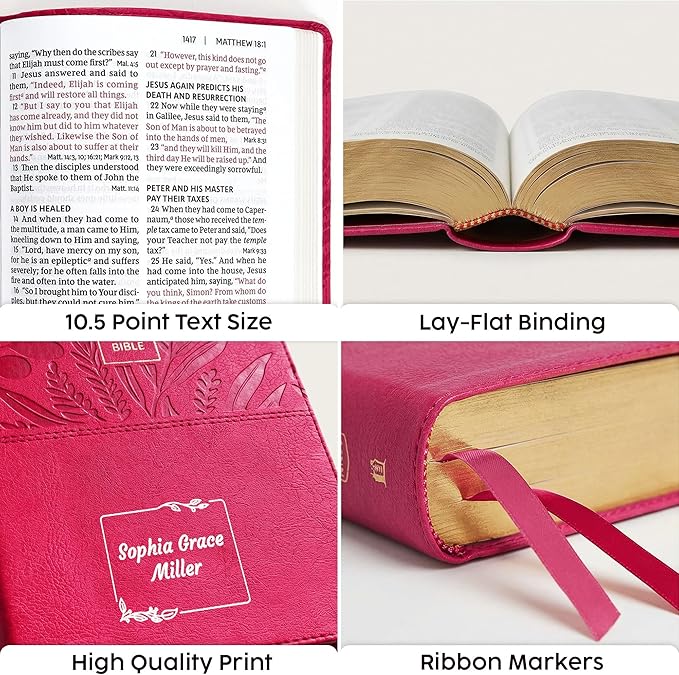 Personalized NKJV Reference Bible, Custom Name Text & Design, New King James Version, Large Print, Red Letter, Cross References, Faux Leather Pink, Baptism Confirmation Gift