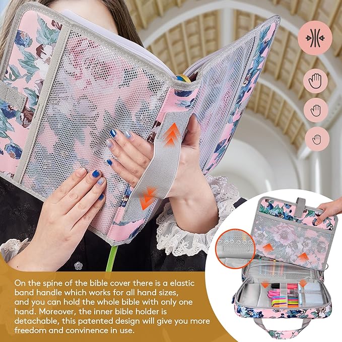 Derstuewe Bible Cover Case for Women – Stylish & Durable Zippered Bible Bag with Handle & Pocket, Fits Standard & Large Bibles, Perfect for Church, Travel, Study & Gifts, Big Flower