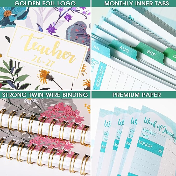 2026-2027 Teacher Planner, JUL 2026 - JUN 2027, Lesson Planner 2026-2027, 8.5" x 11", Colorful Monthly Tabs, Spiral Bound
