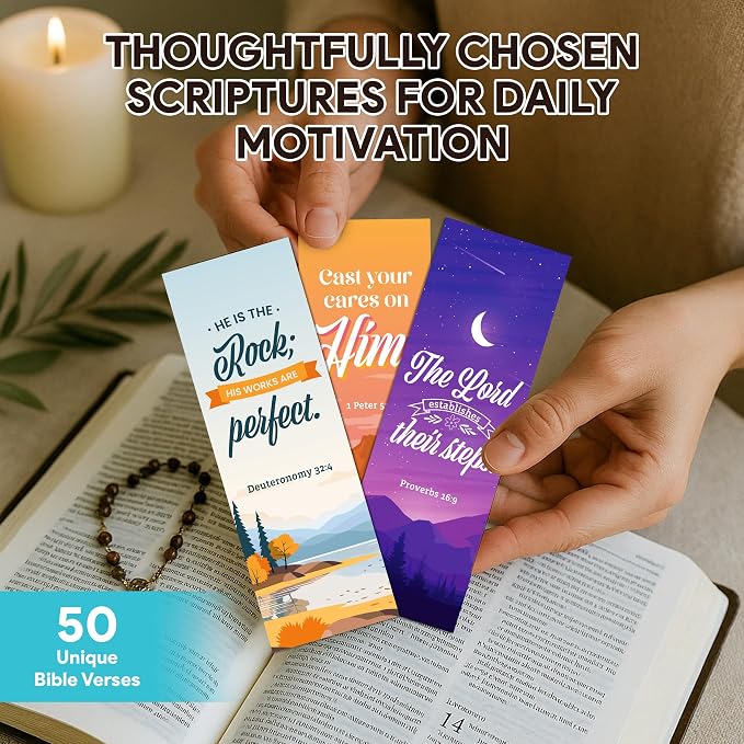 Decorably 100 Pack 2x6.5in Christian Bookmarks for Women and Men - 50 Scenery Designs Double-Sided Inspirational Verse Bible Book Markers - Journals, Bible, and Faithful Reflection