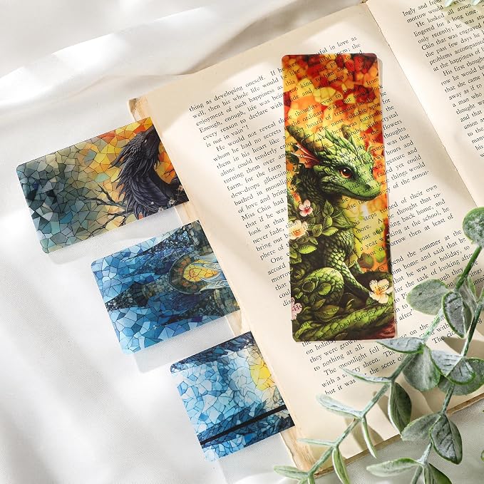 Fantasy Dragon Bookmark Gifts - 10 Pcs Personalized Vintage Stained Glass Bookmarks for Men Women Book Lovers Flower Page Marks School Reading Accessories Bookish Gift for Birthday Christmas