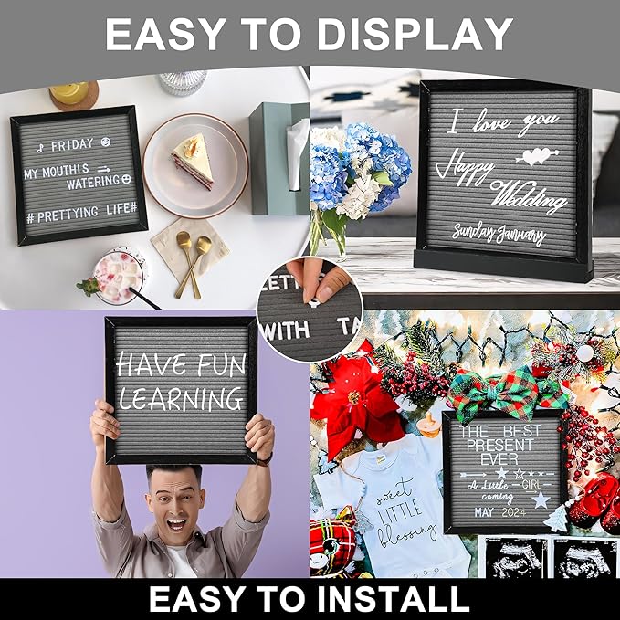 10" x 10" Double Sided Chalkboard Sign with Stand, Small Chalk Board Blackboard Wood Frame Felt Letter Board with 12 Chalk Markers and 340 Letters (Black)