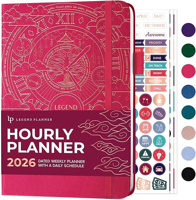 Legend Dated Hourly Weekly Planner 2026 – Daily, Monthly & Yearly Agenda with Time Slots – Hardcover Organizer Journal, 5.8x8.3” (Hot Pink)