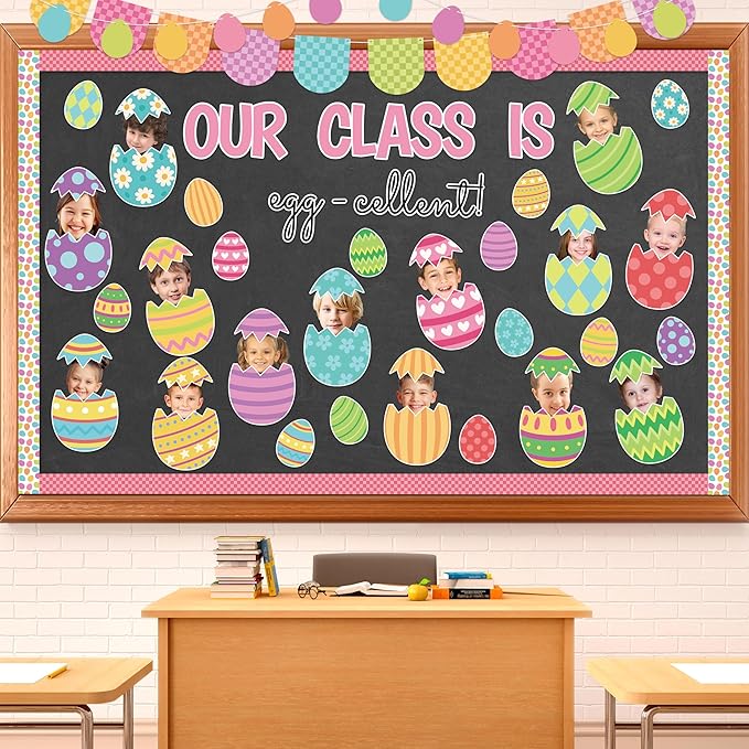 142Pcs Easter Egg Cutouts with Photo Space, Spring DIY Photo Craft Cutouts for Bulletin Board Classroom Decoration, Make Your Own Easter Egg Craft Kit for School Home Chalkboard Wall Door Decor