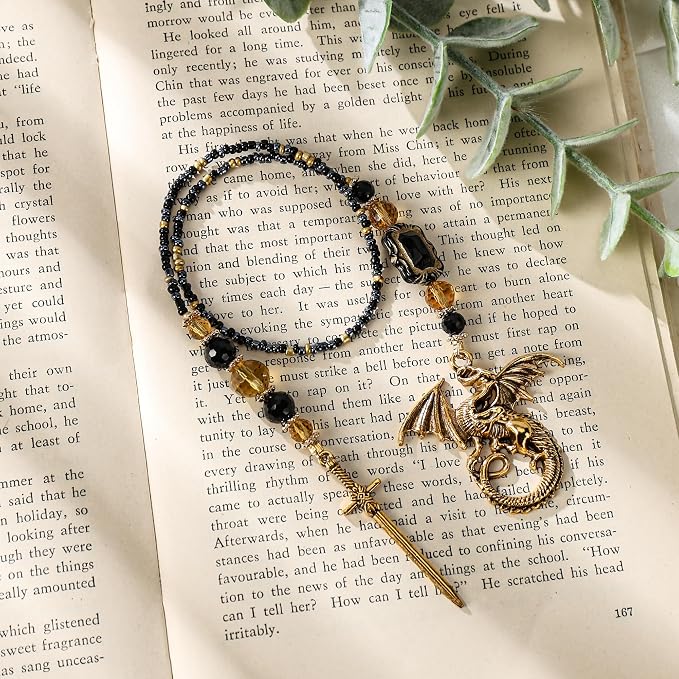 Fourth Wing Bookmark Gifts - Gold Fantasy Dragon Sword Beaded Bookmarks for Men Book Lovers Crystal Bead Chain Page Marks School Office Reading Accessories Bookish Gift for Birthday Christmas