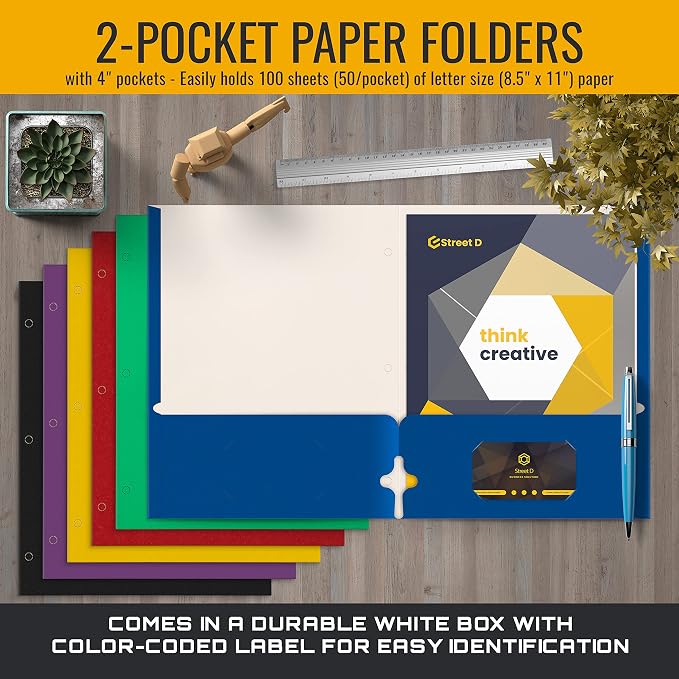 Better Office Products 2 Pocket Folders Bulk, Letter Size Paper Portfolios Case of 100, Assorted Primary Colors, Durable Folders Bulk for School, Office, Classroom Organization & Filing