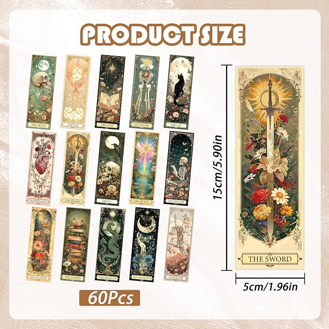 Fantasy Tarot Bookmarks, 60 Pcs Vintage Gothic Dark Academia Book Marker Page Clips, Mystical Floral Skull Reading Accessories for Book Lovers Readers Booktok Gifts