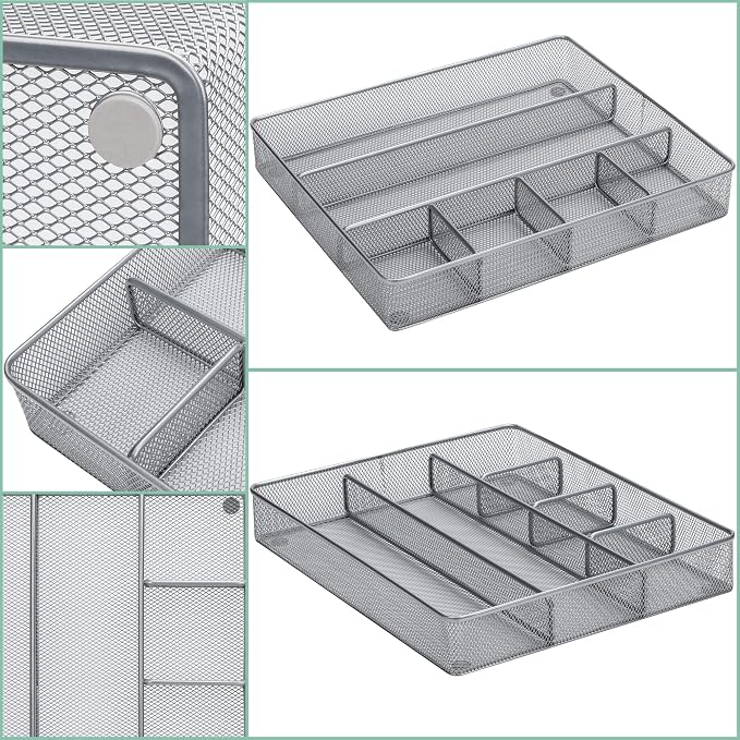 Annova Desk Top Organizer Tray for Office Organization - Metal Mesh - Storage Tray with Dividers for Pens, Desktop Accessories, Bathroom, Kitchen, Makeup and Office Supplies (Large, Silver)