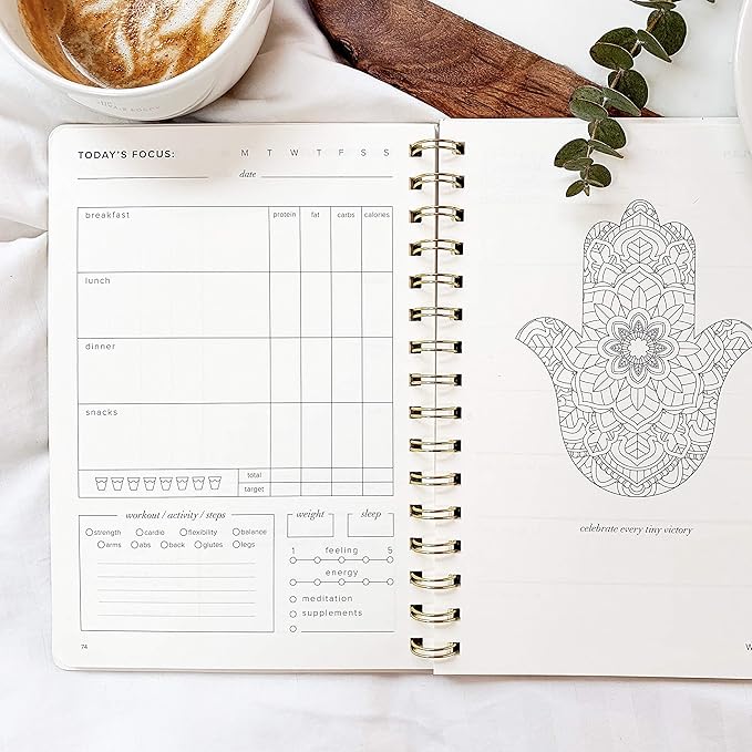 Kunitsa Co. Food and Exercise Journal for Women - Track Meals, Nutrition, and Weight Loss, 90 Days, Walnut Brown, 8.5 x 6 Inches
