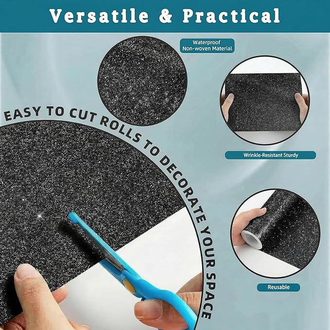 16" × 30ft Black Glitter Bulletin Board Roll Reusable Board Background Paper Wallpaper DIY Art Crafts Poster Paper Classroom Bulletin Board Decor for School Office Arts Crafts Home Wall Decor Supplies
