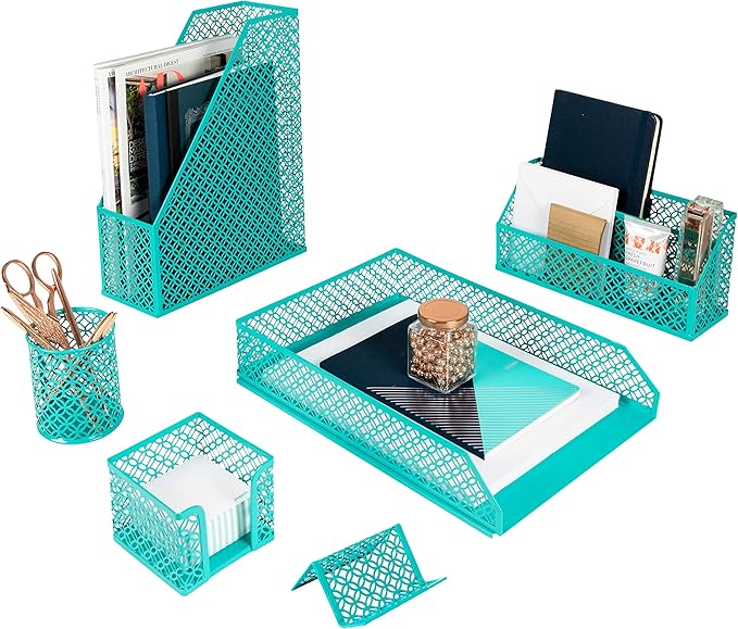 BLU MONACO | Dark Teal Desk Organizer Set 6 Piece | Mail Sorter Organizer Countertop with Standing File Organizer | Mesh Pen Holders Desktop Office Set