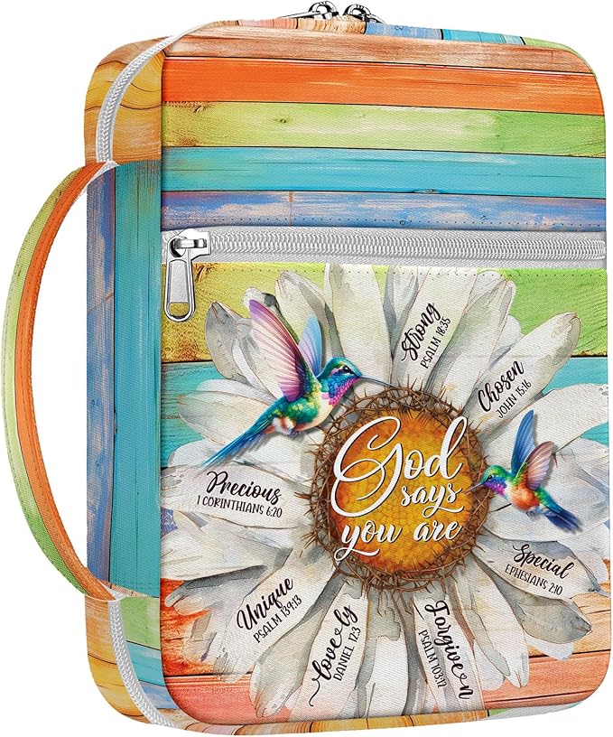 God Says You Are Bible Cover for Women with Handle and Zipper Pocket, Inspirational Canvas Bible Case with Hummingbird and Daisy Design, Fits Standard Size Bible, Christian Gift for Girls