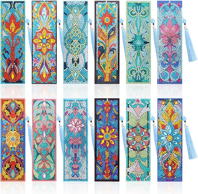 12Pcs DIY Diamond Art Bookmarks Kits Acrylic Painting Bookmarks with Rhinestone Flower Patterns Tassels for Adults Book Lover Craft Making