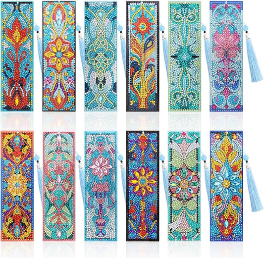 12Pcs DIY Diamond Art Bookmarks Kits Acrylic Painting Bookmarks with Rhinestone Flower Patterns Tassels for Adults Book Lover Craft Making