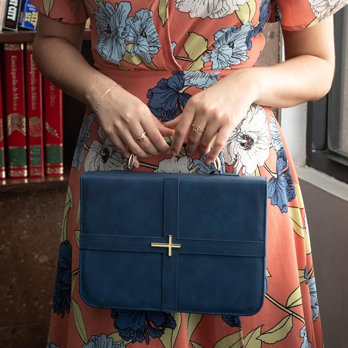 Bible Case (U.S. Patent Pending), Vibrant & Inspiring Bible Cover, with Romans 8:31 Bookmark, Blue Bible Cover Case for Women or Men, Elegant Bible Bag, Durable PU Leather Book Cover