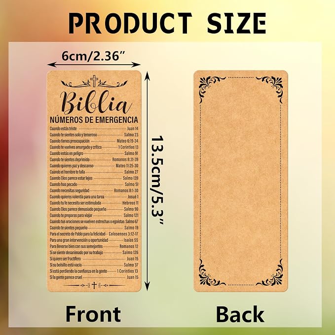 120 Pcs Kraft Paper Spanish Bible Emergency Numbers Bookmark Christian Bookmarks Bible Verse Bookmarks for Church Welcome Gifts Sunday School Prayer Reading Rewards 2.28 x 5.31inch