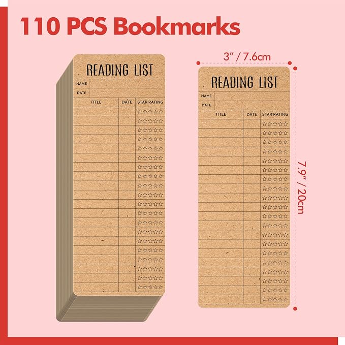 110 PCS Reading List Bookmarks, Kraft Book Tracker and Reading Log Bulk Bookmarks for Book Lovers, Students, Teachers, Graduation Gifts, Back-to-School Supplies (3” x 7.9”)