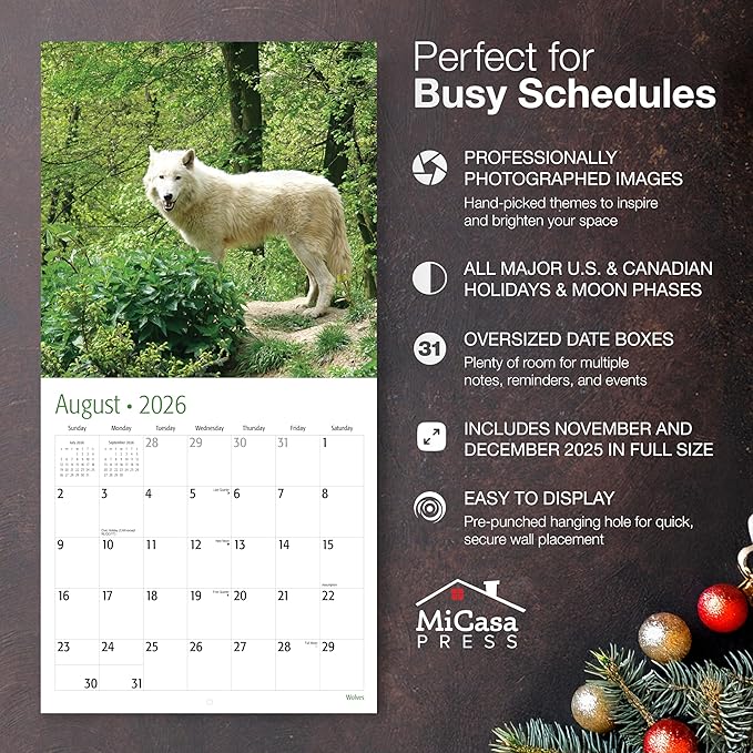 MICASA PRESS Wolves 2026 Wall Calendar 12 Month | 12” x 24” Open | Thick & Sturdy Paper | Giftable | Animal Calendar 2026