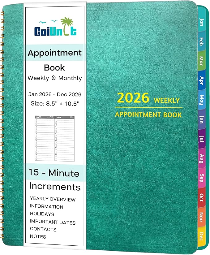 2026 Appointment Book - January - December 2026, Appointment Planner with Weekly ＆ Monthly Spread, 8.5'' x 10.5'', Large, 15 Minute Increments, 2026 Daily Planner with Pockets, Tabs, Soft Cover, Green