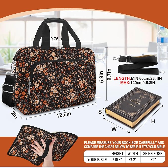 Vintage Floral Large Bible Bags for Women Organizer with Bible Cover Case, Bible Cover with Shoulder Strap & Pens & Highlighters & Cross Clip Study Kit for Bible & Church, Christian Gifts for Mom