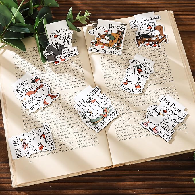 Funny Goose Magnetic Bookmark - 8 Pcs Silly Meme Book Mark Magnets Gifts for Reading Women Cute Cartoon Animal Page Marker Clip for Book Lovers Bookish Student Teacher School Supplies