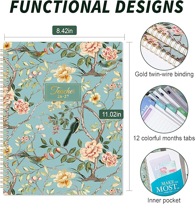 Teacher Planner 2026-2027, Teacher Lesson Planner 2026-2027, July 2026 - June 2027, 8.42" x 11.02", New Version Inner Paper with Spiral Bound, Colorful Monthly Tabs