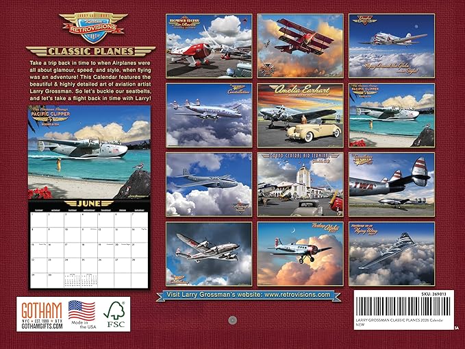 Classic Planes Calendar 2026 Wall Monthly By Larry Grossman Calender 12 Month | American Made In The USA