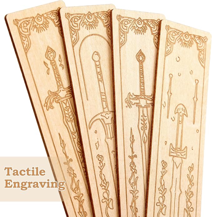 Lord of Rings Bookmarks 4 Pack Engraved Wooden Sword Themed Markers for Tolkien Fans Vintage Reading Accessories