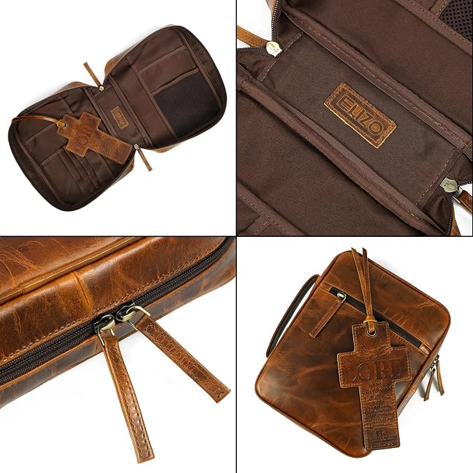 ELIZO Leather Bible Cover for Men Bible Case Women Holder Carrying Organizer Wrap Sleeve Protector Christian Religious Gift Cross Bookmark – Large Antique Brown