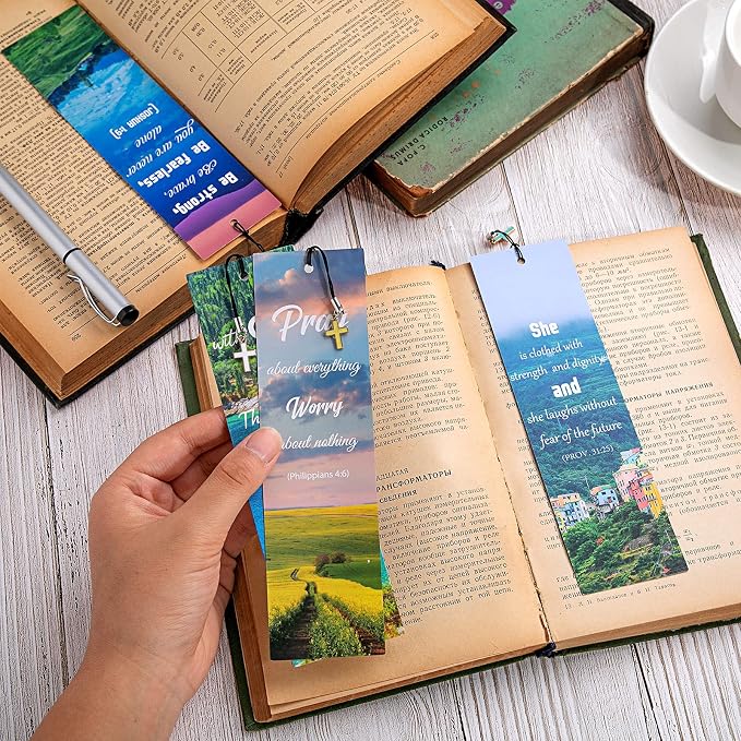 Tenare 20 Pcs Christian Bible Bookmarks for Women, Inspirational Verses Bookmarks with Cross Pendants, Religious Gifts for Women Men Reading Lovers(Scenery Style)