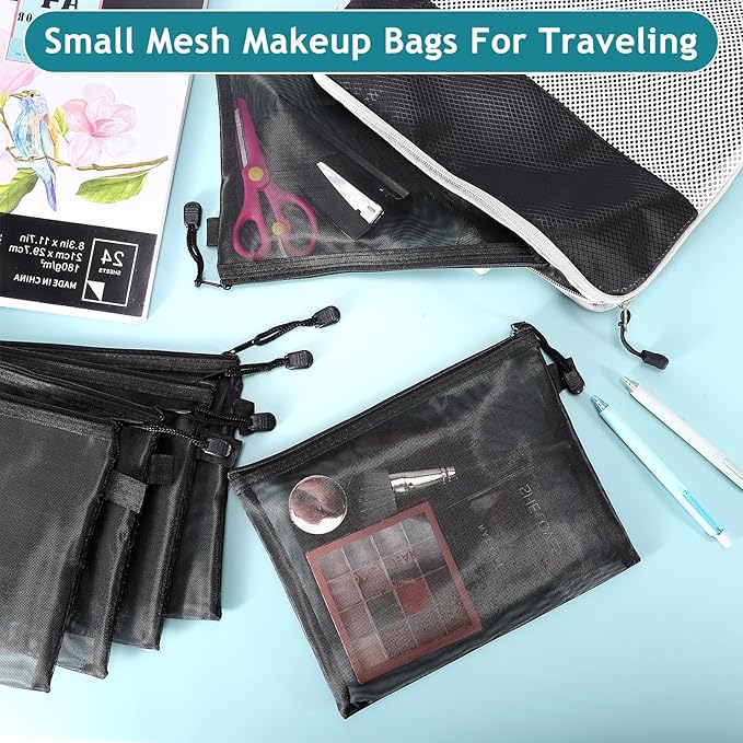 15 Pcs Mesh Zipper Pouch Bags,Black Makeup Bags,Zipper Nylon Mesh Pouch,Nylon Mesh Cosmetic Bags,Portable Makeup Pouches Organizing for Travel and Office Supplies(Black, 8.8x 7 Inch)