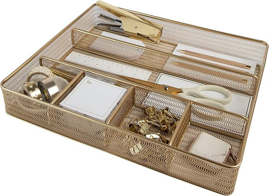 BLU MONACO | Gold Desk Drawer Organizer Tray with 6 Compartments | Metal Mesh Drawer Organizer for Office Supplies & Accessories | Large Desk Organizer for Drawers