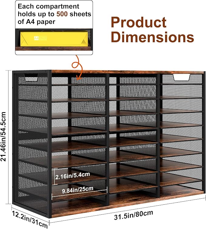 TQVAI 27 Compartments Desktop Literature Organizer, Metal Frame Paper Sorter with Handles, Heavy Duty Mailbox for Classroom and Office, Wood File Organizer for Document, Bill, Magazine, Antique Brown