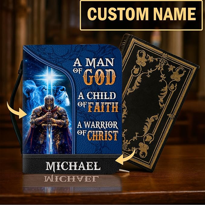 Personalized Man of God Bible Cover, God Says I Am Bible Case PU Leather, Bible Holder Handle Zipper, Faith Scripture with Name Case Bag, Religious Gifts for Church Christians Women Men (02)