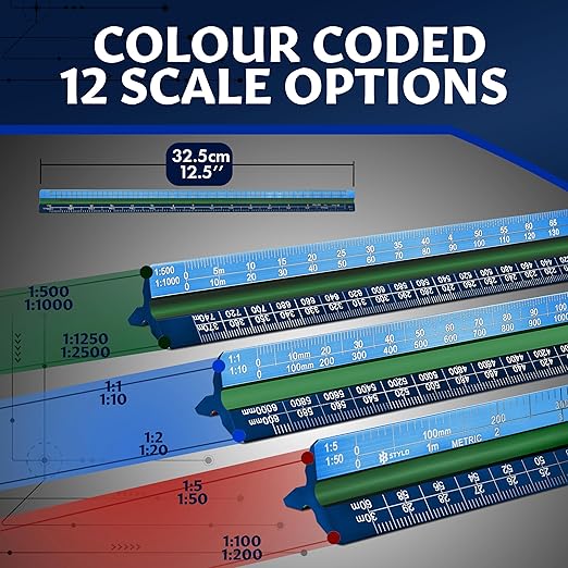 Stylo 12" Aluminum Architect Scale Ruler Laser Etched Triangle Drafting Ruler, Color Coded Grooves for Blueprint, Drafting and Drawing, Architectural Scale Ruler for Blueprints (Blue, Metric Units)