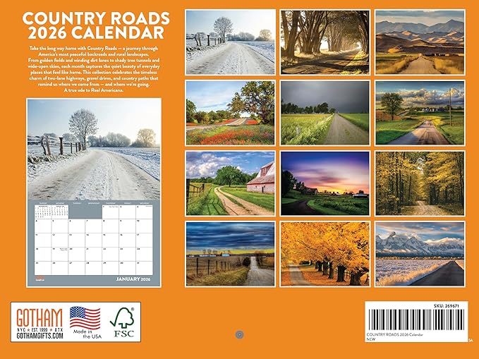 Country Roads Calendar 2026 Wall Monthly 12 Month | American Made In The USA