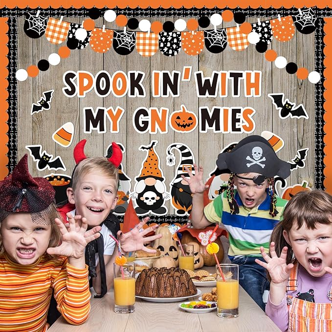 Whaline 113 Pcs Halloween Gnome Bulletin Board Decoration Black Orange Gnome Pumpkin Bats Paper Cutouts with 200 Pcs Glue Points for Holiday Party Home Classroom