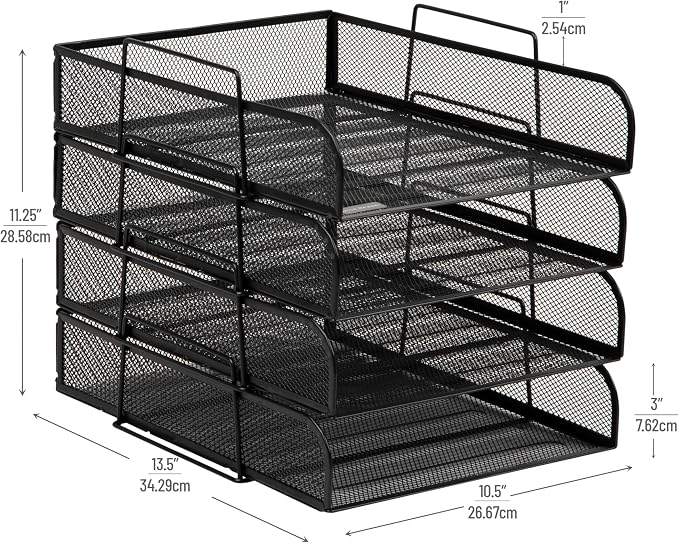 Mind Reader Stackable Paper Tray, Desktop Organizer, File Storage, Office, Metal Mesh, 10.5" L x 13.5" W x 11.25" H, 4 Pcs., Black