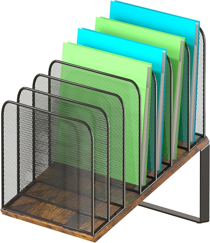 Piskyet Wooden Desk File Organizer, 7-Section Vertical File Folder Holder Stand,Metal Mail Paper Chromebook Organizer for Teacher Desk Office Classroom Desktop Organization（Inclined）