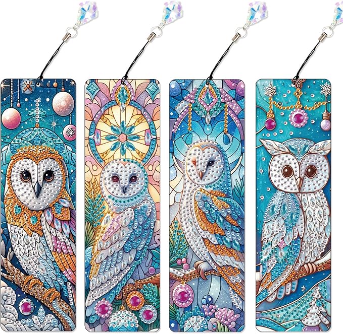4-Piece DIY 5D Diamond Painting Bookmark Kits, Owl Special Shaped Crystal Rhinestones Book Marks, Handmade Diamond Art Bookmarks with Crystal Pendant Tassels, Decorative Craft Gift Set for Adults