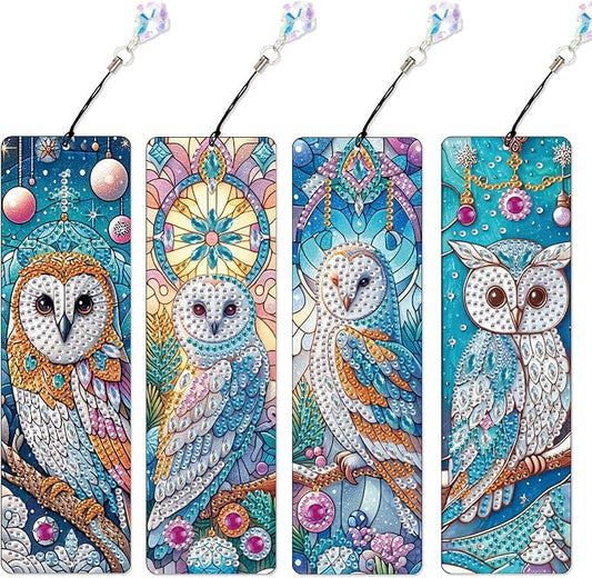 4-Piece DIY 5D Diamond Painting Bookmark Kits, Owl Special Shaped Crystal Rhinestones Book Marks, Handmade Diamond Art Bookmarks with Crystal Pendant Tassels, Decorative Craft Gift Set for Adults
