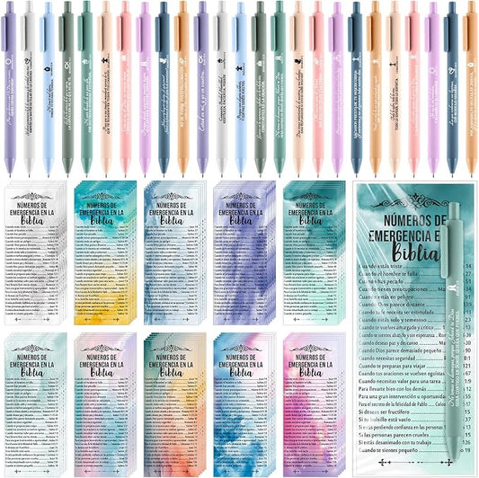 Feifeiya 50 Sets Christian Fathers Day Gifts Bulk Religious Pens Bible Verse Emergency Numbers Bookmark Scripture Catholic Gift for Women Men Church Welcome Sunday School(Watercolor,Spanish)