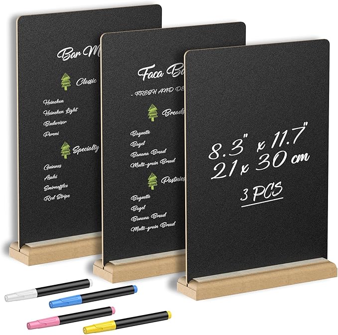 Uniclife 3 Pcs A4 Tabletop Chalkboard Sign with Stand & Chalk Markers, 8.3 x 11.7 Inch, Double-Sided Wooden Chalk Board Sign for Tables, Menu Board for Bar Wedding