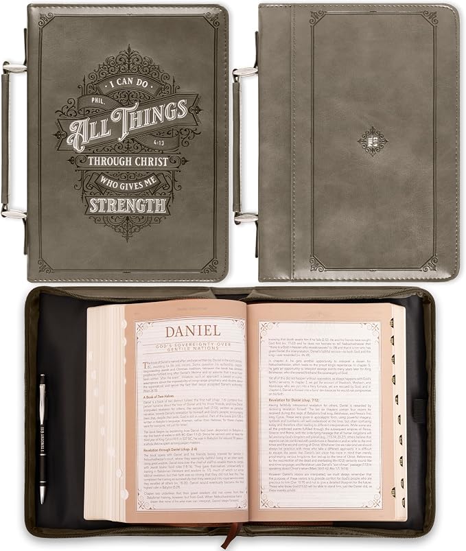 Christian Art Gifts Protective Gray Faux Leather Classic Bible Cover Carry Case: All Things Through Christ - Philippians 4:13 Bible Verse with Zipper and Pocket, Medium