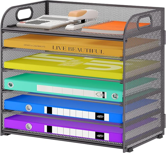 Cawukege 6 Tier Paper Organizer, Grey Letter Tray with Handle, Mesh Desk Organizer, Metal File Organizer, Office Desk Accessories for Home, Office, Classroom, School