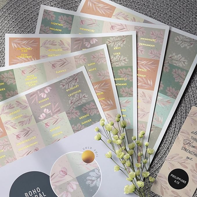 Floral Boho Bible Book Tabs – 100 Soft-Touch, Laminated Bible Tabs for KJV & Niv Bible – Durable Tabs for Bibles – Protestant & Catholic Bible Tabs Large Print – Pink Nlt Bible Tabs for Women & Men