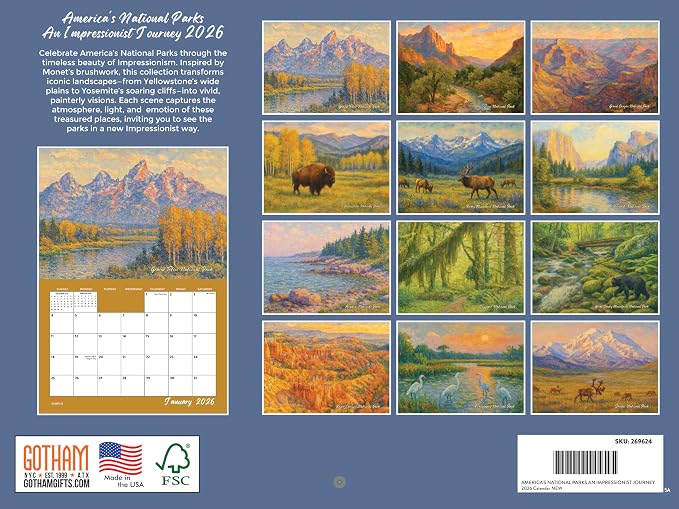 National Parks Impressionist Style Art Calendar 2026 Monthly Wall Calender National Park Gifts 12 Month | American Made In The USA