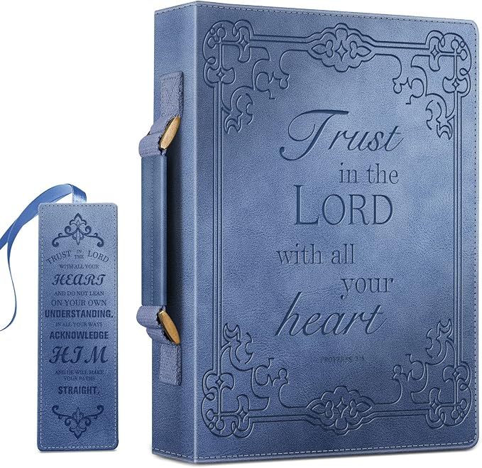 FINPAC Large Classic Bible Cover Vegan Leather Carrying Book Case Church Bag Bible Protective with Handle, Gift for Men, Women, Father, Mother, Friends, Blue